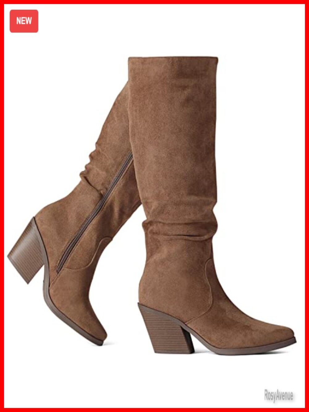 Faux Suede Knee High Boots Slouch Tall Chunky Heel Side Zip